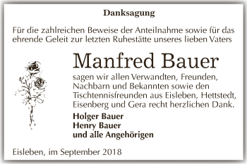 Traueranzeige von Manfred Bauer von Wochenspiegel Mansfelder Land