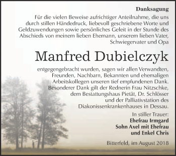 Traueranzeige von Manfred Dubielczyk von WVG - Wochenspiegel Bitterfeld