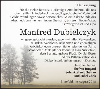 Traueranzeige von Manfred Dubielczyk von Mitteldeutsche Zeitung Bitterfeld