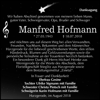 Traueranzeige von Manfred Hofmann von Mitteldeutsche Zeitung Quedlinburg