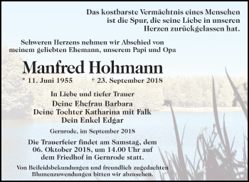 Traueranzeige von Manfred Hohmann von Mitteldeutsche Zeitung Quedlinburg