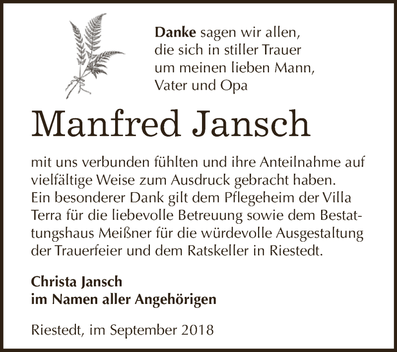  Traueranzeige für Manfred Jansch vom 01.09.2018 aus Super Sonntag SGH Mansf. Land