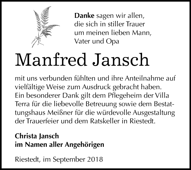  Traueranzeige für Manfred Jansch vom 01.09.2018 aus Mitteldeutsche Zeitung