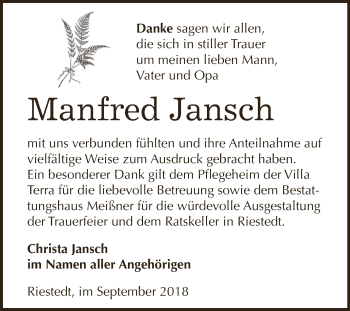 Traueranzeige von Manfred Jansch von Super Sonntag SGH Mansf. Land