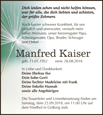 Traueranzeige von Manfred Kaiser von WVG - Wochenspiegel Dessau / Köthen