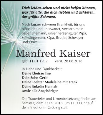 Traueranzeige von Manfred Kaiser von Mitteldeutsche Zeitung