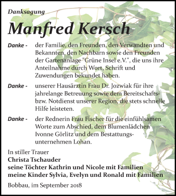 Traueranzeige von Manfred Kersch von Mitteldeutsche Zeitung Bitterfeld