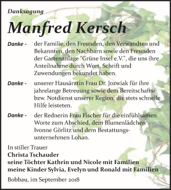 Traueranzeige von Manfred Kersch von WVG - Wochenspiegel Bitterfeld