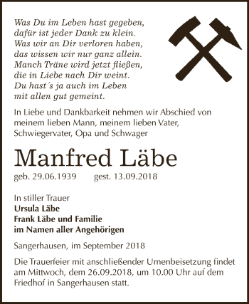 Traueranzeige von Manfred Läbe von Super Sonntag SGH Mansf. Land