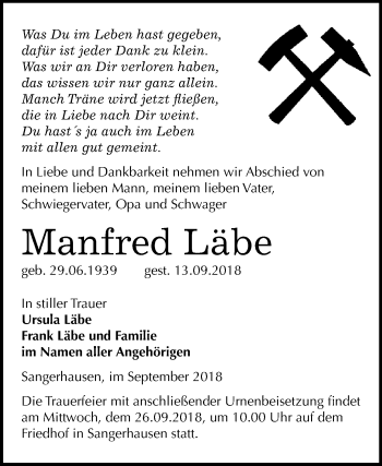 Traueranzeige von Manfred Läbe von Mitteldeutsche Zeitung Sangerhausen