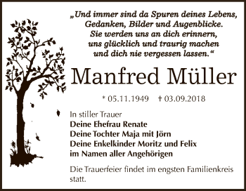 Traueranzeige von Manfred Müller von WVG - Wochenspiegel Dessau / Köthen