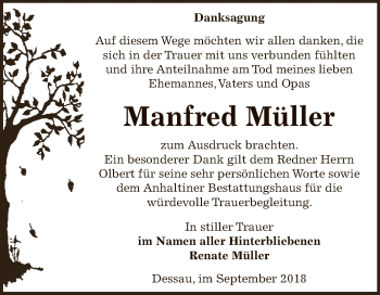 Traueranzeige von Manfred Müller von WVG - Wochenspiegel Dessau / Köthen