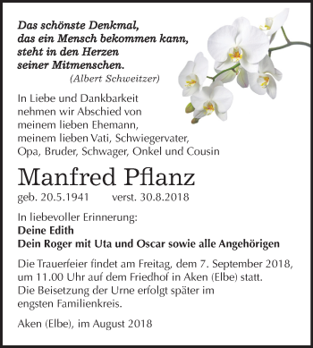 Traueranzeige von Manfred Pflanz von Mitteldeutsche Zeitung Köthen