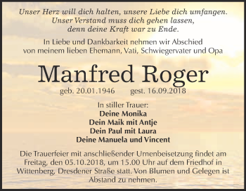 Traueranzeige von Manfred Roger von Super Sonntag Wittenberg