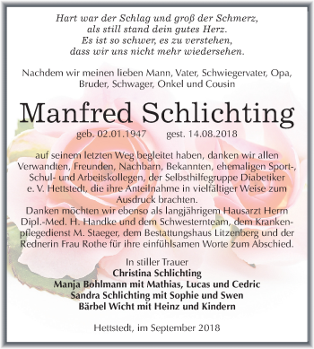 Traueranzeige von Manfred Schlichting von Mitteldeutsche Zeitung