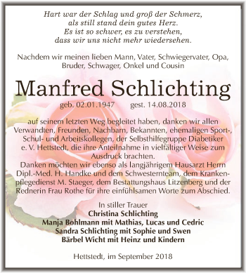 Traueranzeige von Manfred Schlichting von Wochenspiegel Mansfelder Land