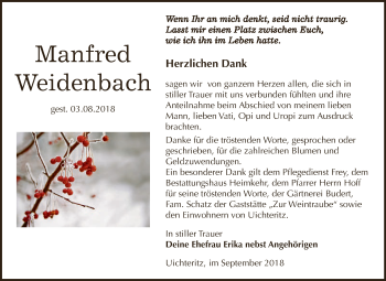 Traueranzeige von Manfred Weidenbach von WVG - Wochenspiegel NMB / WSF / ZTZ