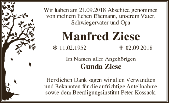 Traueranzeige von Manfred Ziese von WVG - Wochenspiegel Dessau / Köthen