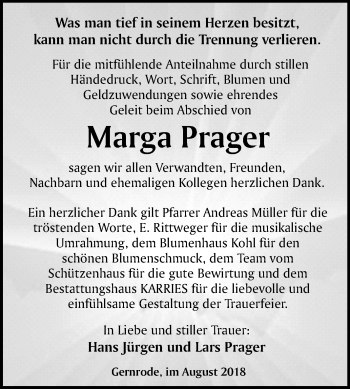 Traueranzeige von Marga Prager von Mitteldeutsche Zeitung Quedlinburg