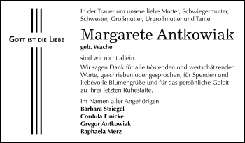 Traueranzeige von Margarete Antkowiak von Mitteldeutsche Zeitung Merseburg/Querfurt