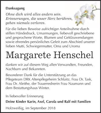 Traueranzeige von Margarete Henschel von WVG - Wochenspiegel Bitterfeld