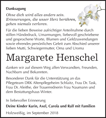 Traueranzeige von Margarete Henschel von Mitteldeutsche Zeitung Bitterfeld