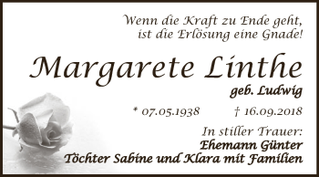 Traueranzeige von Margarete Linthe von WVG - Wochenspiegel Dessau / Köthen