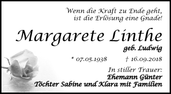 Traueranzeige von Margarete Linthe von Mitteldeutsche Zeitung Dessau-Roßlau