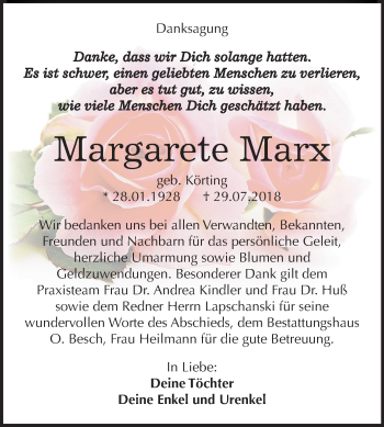 Traueranzeige von Margarete Marx von Mitteldeutsche Zeitung Dessau-Roßlau