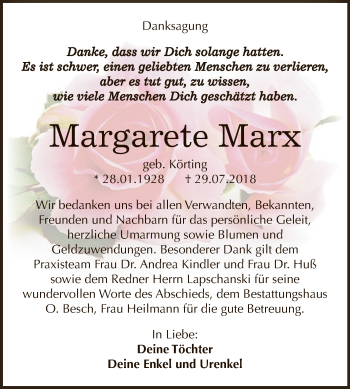 Traueranzeige von Margarete Marx von WVG - Wochenspiegel Dessau / Köthen