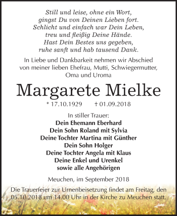 Traueranzeige von Margarete Mielke von Mitteldeutsche Zeitung Weißenfels