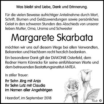 Traueranzeige von Margarete Skarbata von Mitteldeutsche Zeitung Zeitz