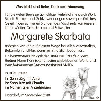 Traueranzeige von Margarete Skarbata von Super Sonntag Zeitz