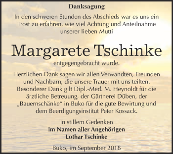 Traueranzeige von Margarete Tschinke von Super Sonntag Wittenberg