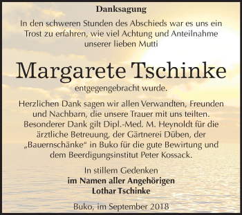 Traueranzeige von Margarete Tschinke von Mitteldeutsche Zeitung