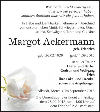 Traueranzeige von Margot Ackermann von Mitteldeutsche Zeitung Sangerhausen