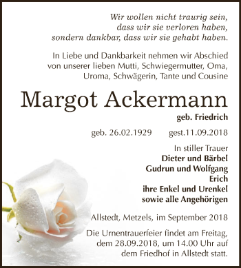 Traueranzeige von Margot Ackermann von Super Sonntag SGH Mansf. Land