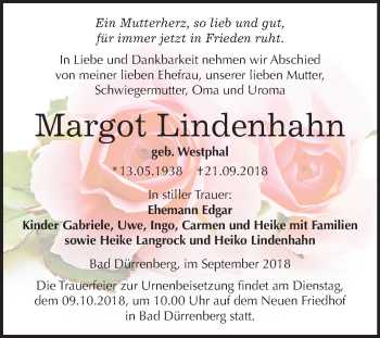 Traueranzeige von Margot Lindenhahn von Mitteldeutsche Zeitung Merseburg/Querfurt