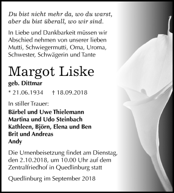 Traueranzeige von Margot Liske von Mitteldeutsche Zeitung Quedlinburg