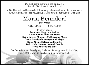 Traueranzeige von Maria Benndorf von Mitteldeutsche Zeitung Weißenfels