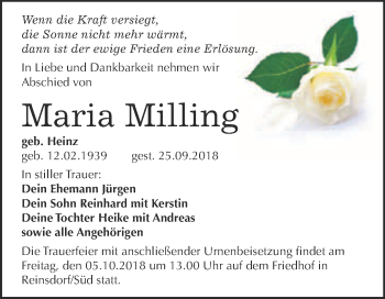Traueranzeige von Maria Milling von Super Sonntag Wittenberg