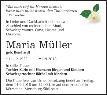 Traueranzeige von Maria Müller von Mitteldeutsche Zeitung