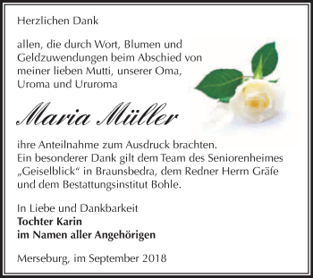 Traueranzeige von Maria Müller von WVG - Wochenspiegel Merseburg