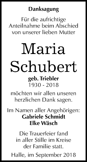 Traueranzeige von Maria Schubert von Mitteldeutsche Zeitung Halle/Saalkreis