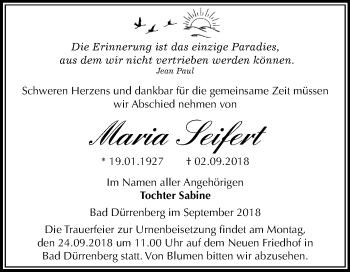 Traueranzeige von Maria Seifert von Mitteldeutsche Zeitung Merseburg/Querfurt