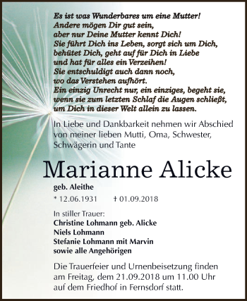 Traueranzeige von Marianne Alicke von WVG - Wochenspiegel Dessau / Köthen