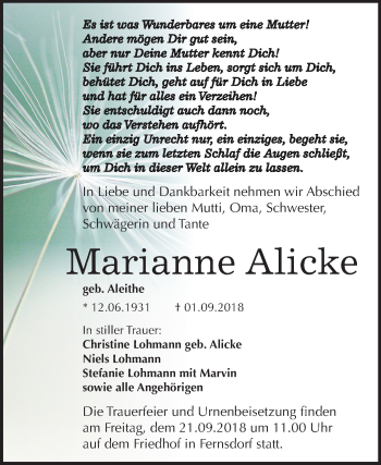 Traueranzeige von Marianne Alicke von Mitteldeutsche Zeitung Köthen