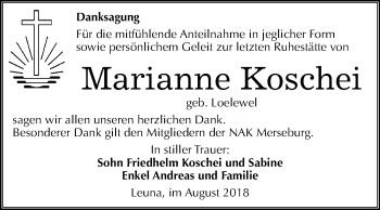 Traueranzeige von Marianne Koschei von Mitteldeutsche Zeitung Merseburg/Querfurt