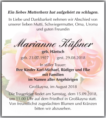 Traueranzeige von Marianne Küßner von Mitteldeutsche Zeitung Merseburg/Querfurt