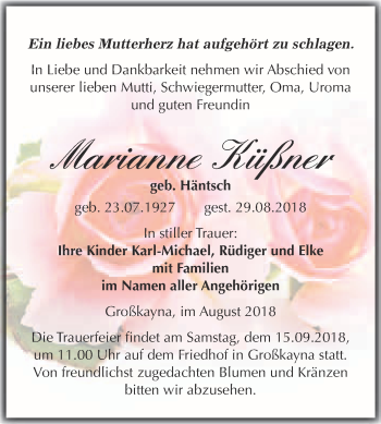 Traueranzeige von Marianne Küßner von WVG - Wochenspiegel Merseburg